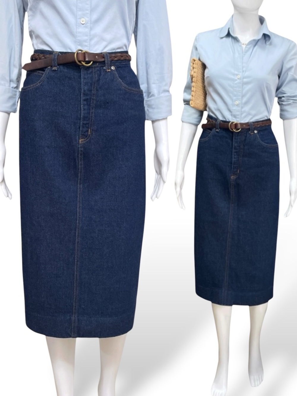 Vintage 80s Jones New York Denim Midi Skirt High Waist Dark Wash Tagged 12 READ